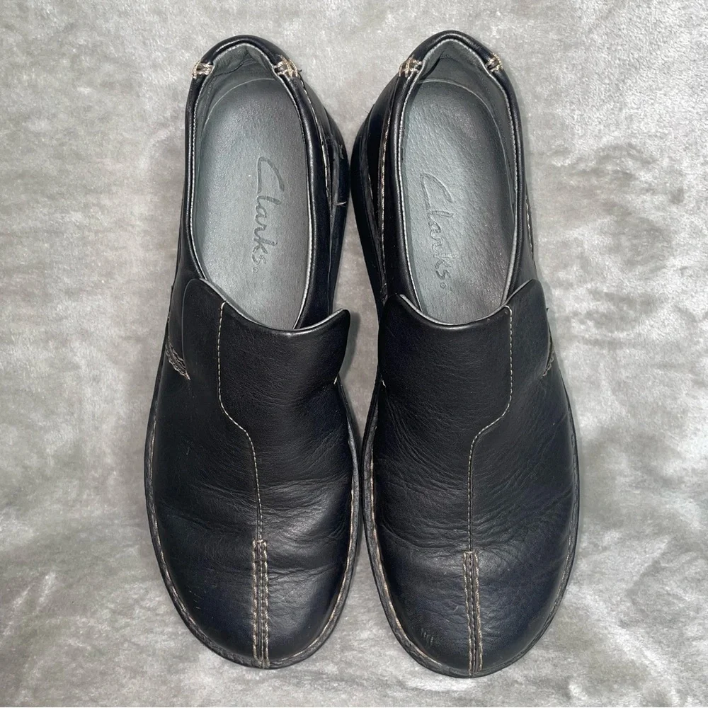 Clarks Active Air Black Leather Loafers Light Stitching Men's Size 12 Slip On